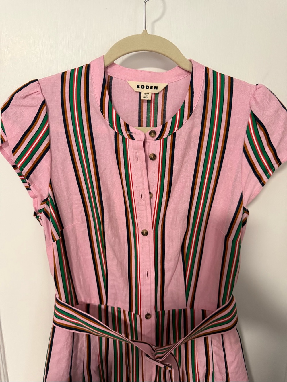 Boden Pink Striped Button Front Maxi Shirt Dress Linen Tie Belt Pockets EUC Sz 6 - Picture 5 of 7